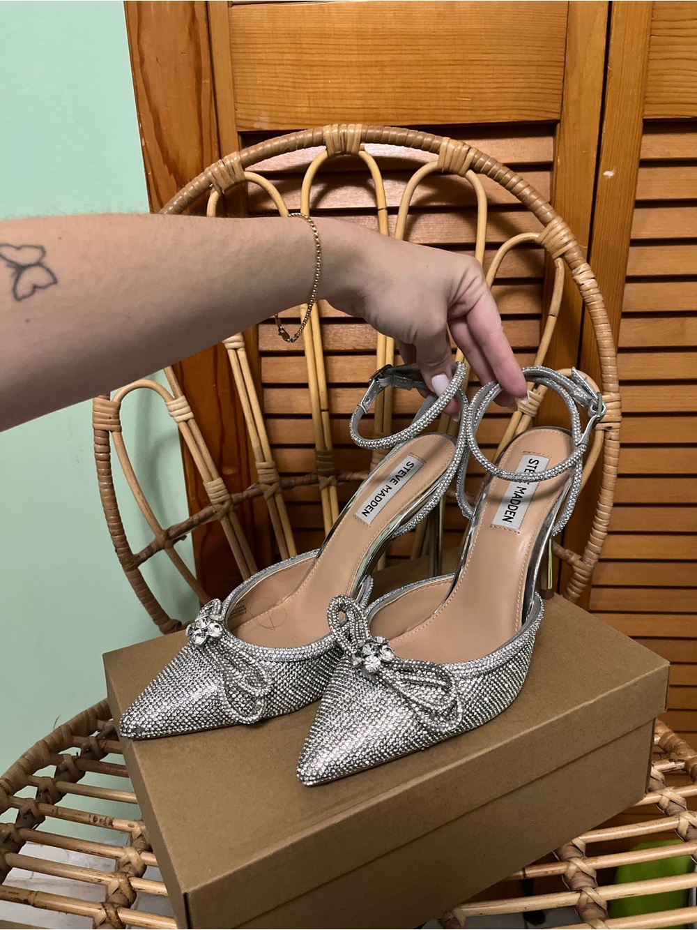 Steve Madden Silver Rhinestone Pointed-Toe Ankle-Strap Heels